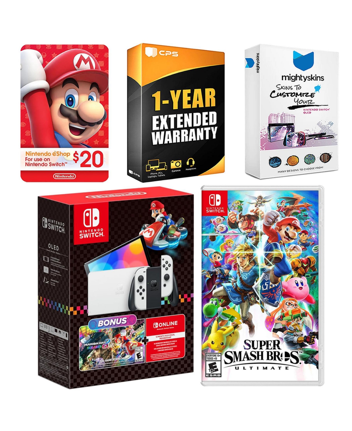 Nintendo Switch Oled Console Mario Kart 8 Bundle with Super Smash Bros: Ultimate, Nintendo $20 eShop Gift Card