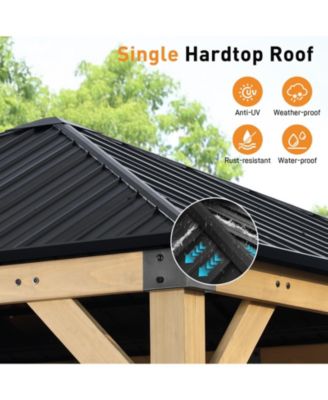 10 x 10 ft Wooden Frame Gazebo with Galvanized Metal Hardtop Roof, Outdoor Patio Gazebo with Charging Socket