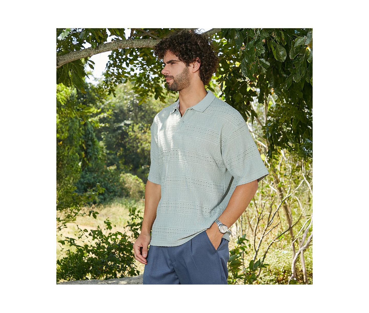 Мужская футболка Cahoot Campus Sutra Sage Green Bohomian Oversized Polo, цвет: Зелёный — фото 4