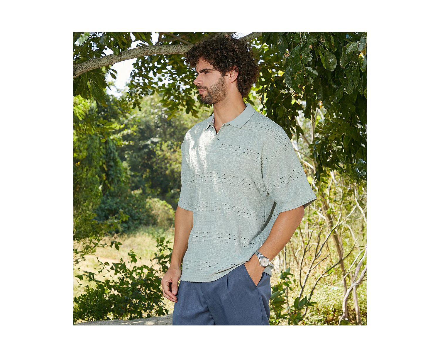 Men's Sage Green Bohomian Oversized Polo T-Shirt