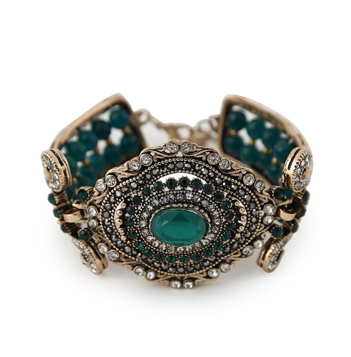 Sohi Women's Green Embellished Ethnic Statement Bracelet - Green