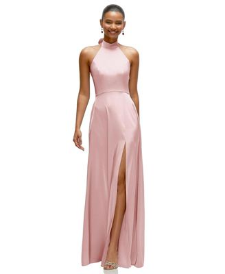 Women's Band Collar Halter Open Back Fluid Satin Maxi Dress with Self-Tie Bow
