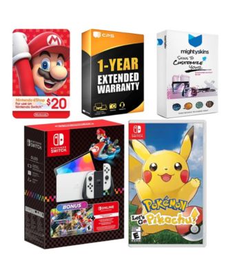 Switch OLED Console Mario Kart 8 Bundle with Pokemon Let's Go, Pikachu!, Nintendo $20 eShop Gift Card, MightySkins Console and Controller Ski