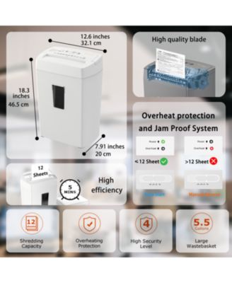 Heavy-Duty Cross-Cut Shredder, Handles up to 12 Sheets at Once, Providing P-4 high Security, Credit Cards, Mail & taples, 5.5-Gallon bin with a Transparent Window, Use in Home Offices, White