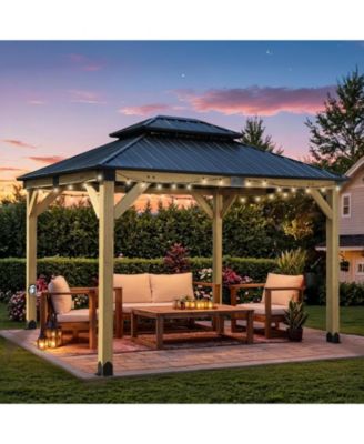 10 x 12 ft Wooden Frame Gazebo with 2-Tier Galvanized Metal Hardtop Roof, Outdoor Patio Gazebo with Charging Socket