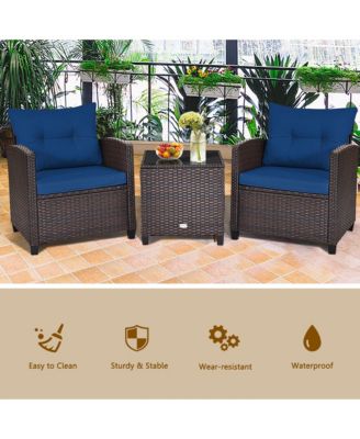 3PCS Outdoor Patio Rattan Conversation Set Garden Yard w/ Navy Cushions
