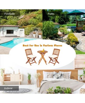 3PCS Folding Acacia Wood Bistro Set Patio Conversation Set w/ Cushions