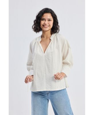 Women's Relaxed Fit Top with Front-tie in Cream