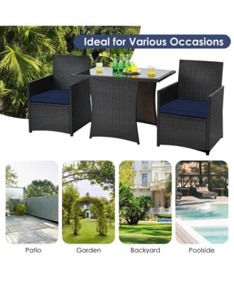 3PCS Patio Wicker Bistro Set PE Rattan Dining Table Set w/ Navy Cushions