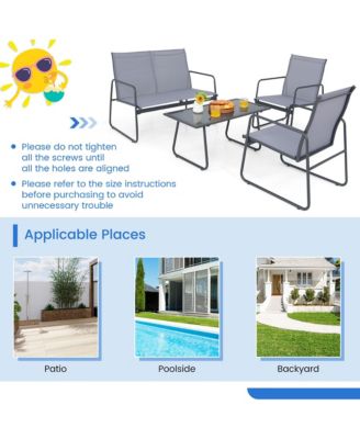 4PCS Metal Outdoor Conversation Set Patio Furniture Set w/ Glass Table