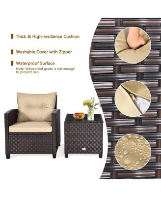 3PCS Patio Outdoor Rattan Conversation Set w/ Coffee Table Cushion