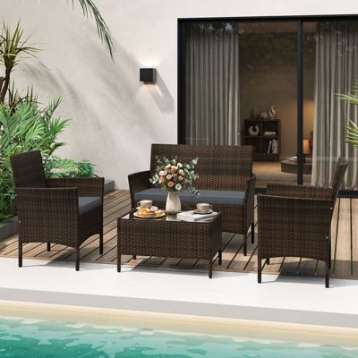 4Pieces Patio Rattan Conversation Furniture Set Outdoor with Cushion.