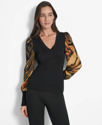 DKNY - Women's V-Neck Rib-Knit Satin-Long-Sleeve