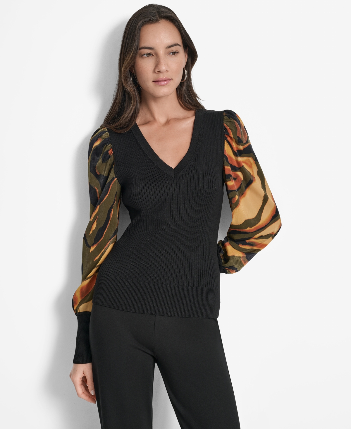 Dkny Women's V-Neck Rib-Knit Satin-Long-Sleeve - Black/ubran Tiger