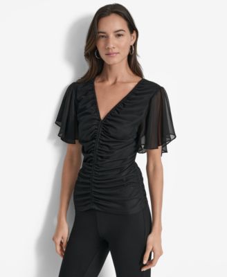 DKNY - Women's Center-Ruched Flutter-Sleeve Top