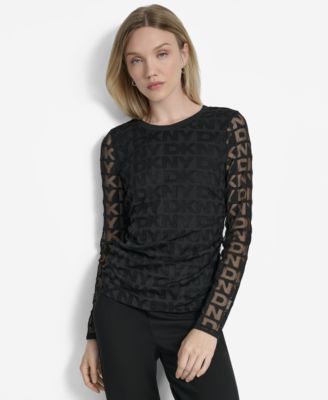 DKNY - Women's Logo-Mesh Jacquard Long-Sleeve Top