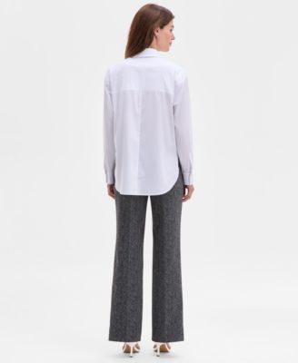 Anne Klein Womens Button Front Drop Shoulder Shirt Printed Mid Rise Wide Leg Pants In White