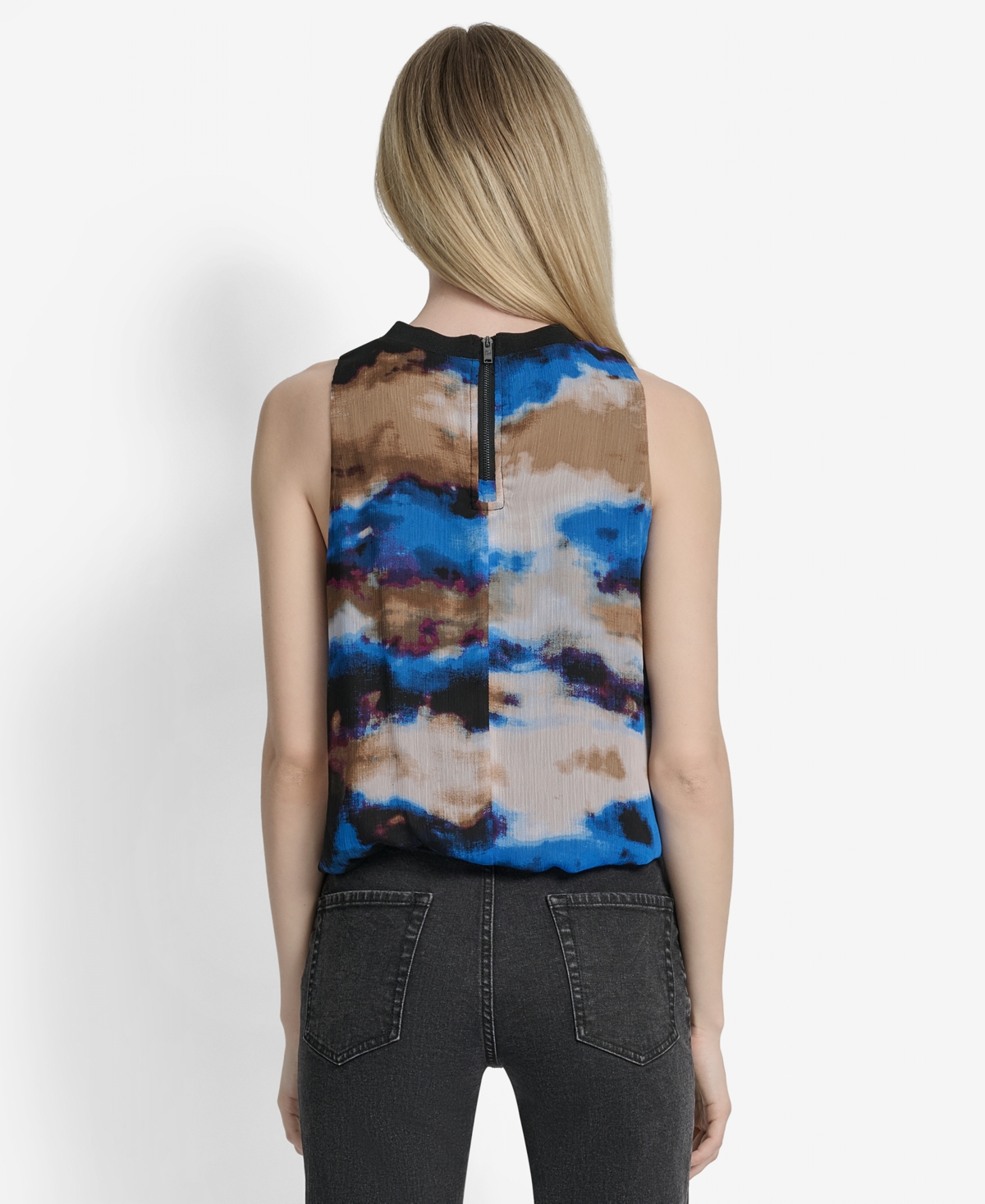 Dkny Print Sleeveless Chiffon Bubble Top In Blue