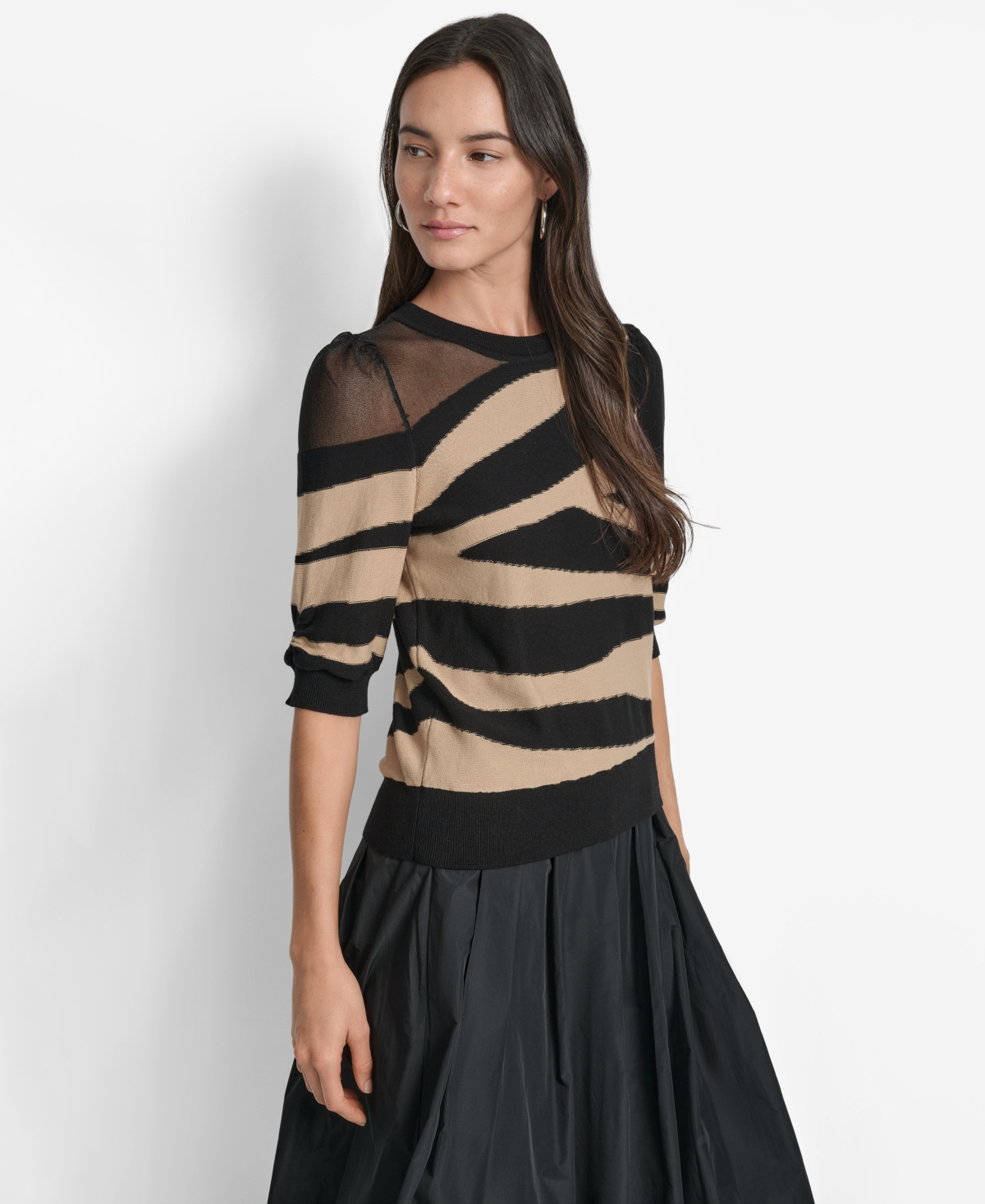 Dkny Zebra Stripe Three-quarter Sleeve Sweater In Black