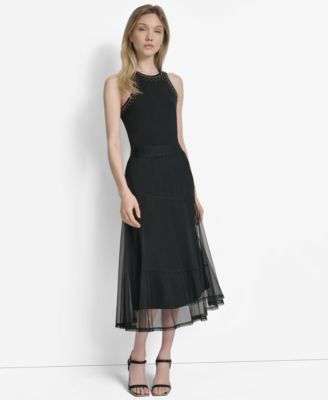 Women's Layered Mesh Logo-Tape Midi Skirt