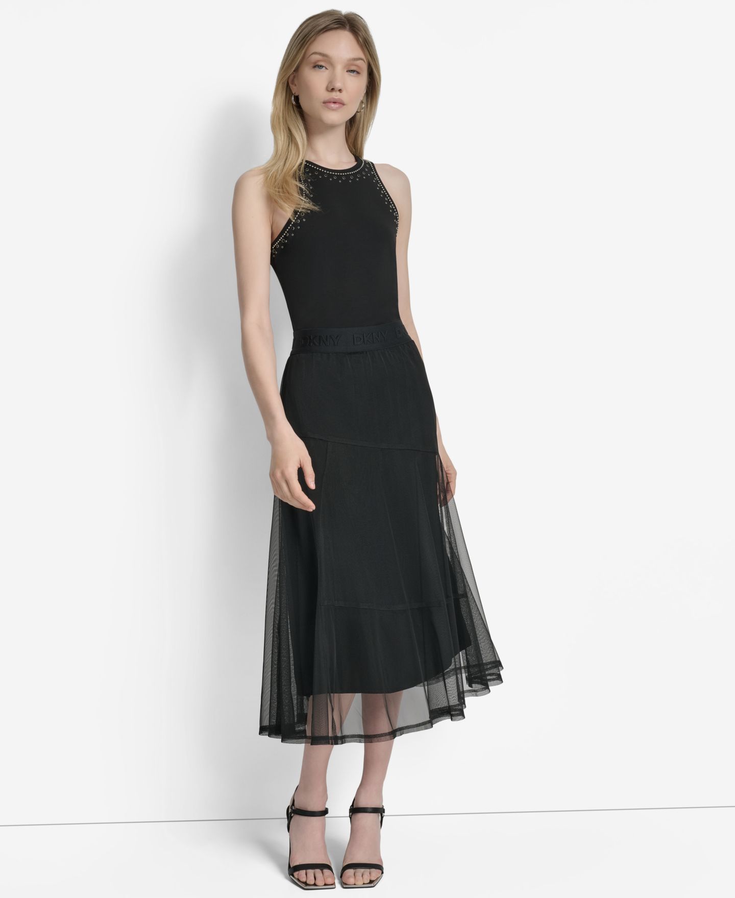 Женская юбка DKNY Layered Mesh Logo-Tape Midi, цвет: Чёрный — фото 4