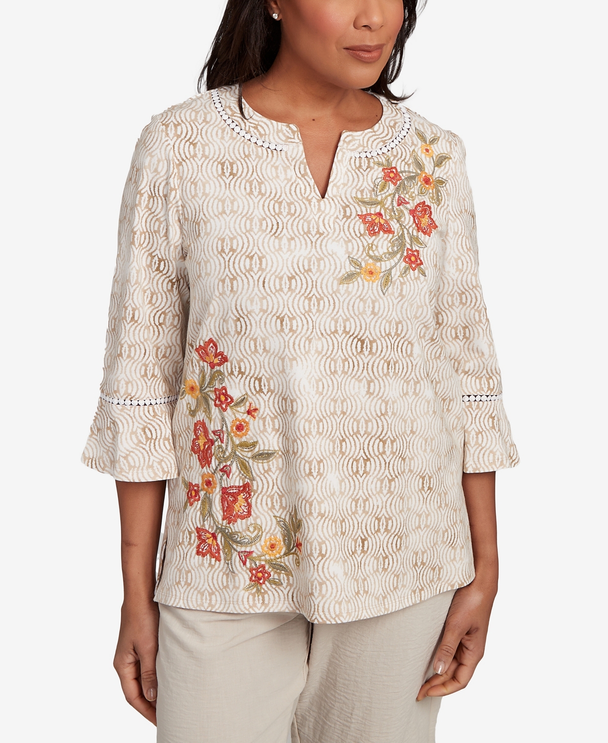 Alfred Dunner Petite Copper Canyon Printed Floral Bell Sleeve Embroidered Top In Nude
