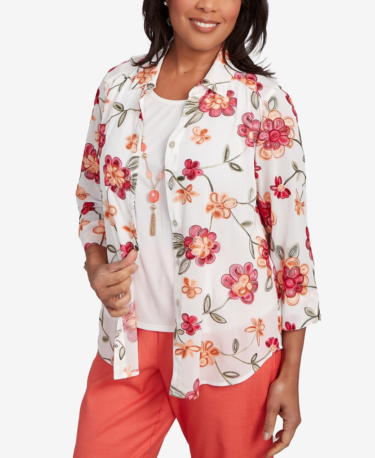 Alfred Dunner Women's Catalina Island Bright Floral Two In One Top With Necklace
