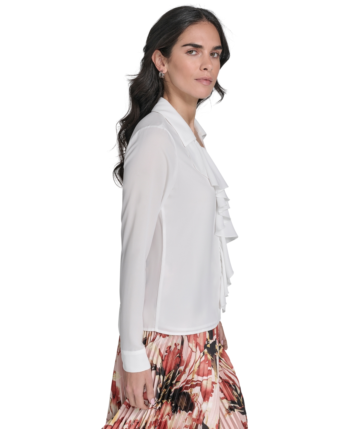 Calvin Klein Petite Ruffle-trim Collared Blouse In White