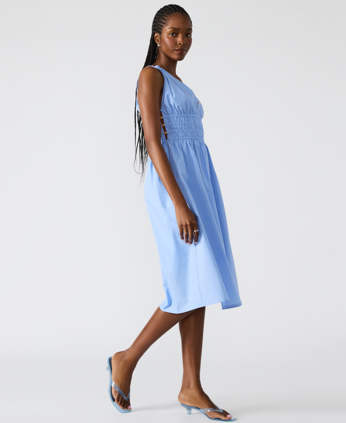Steve Madden Kassie Bead Detail Smock Waist Cotton Midi Dress In Blue