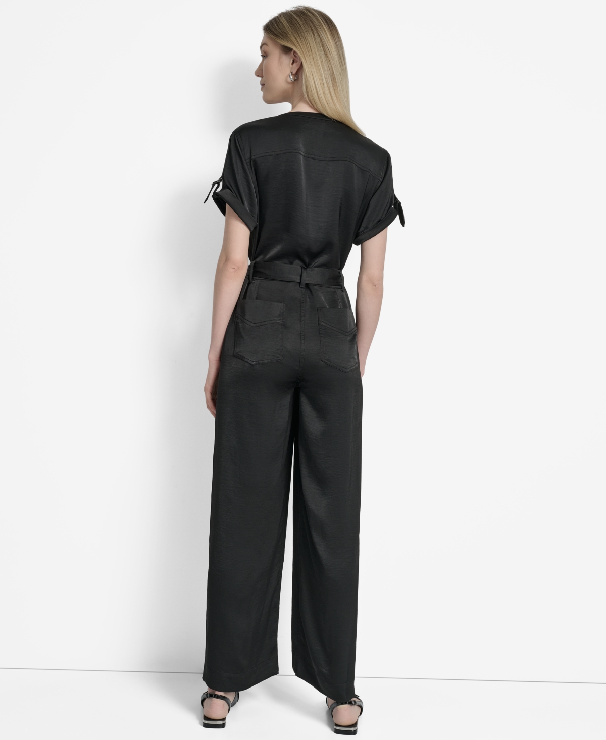 Dkny Women's Weathered Twill Snap-front Utility Jumpsuit In Black