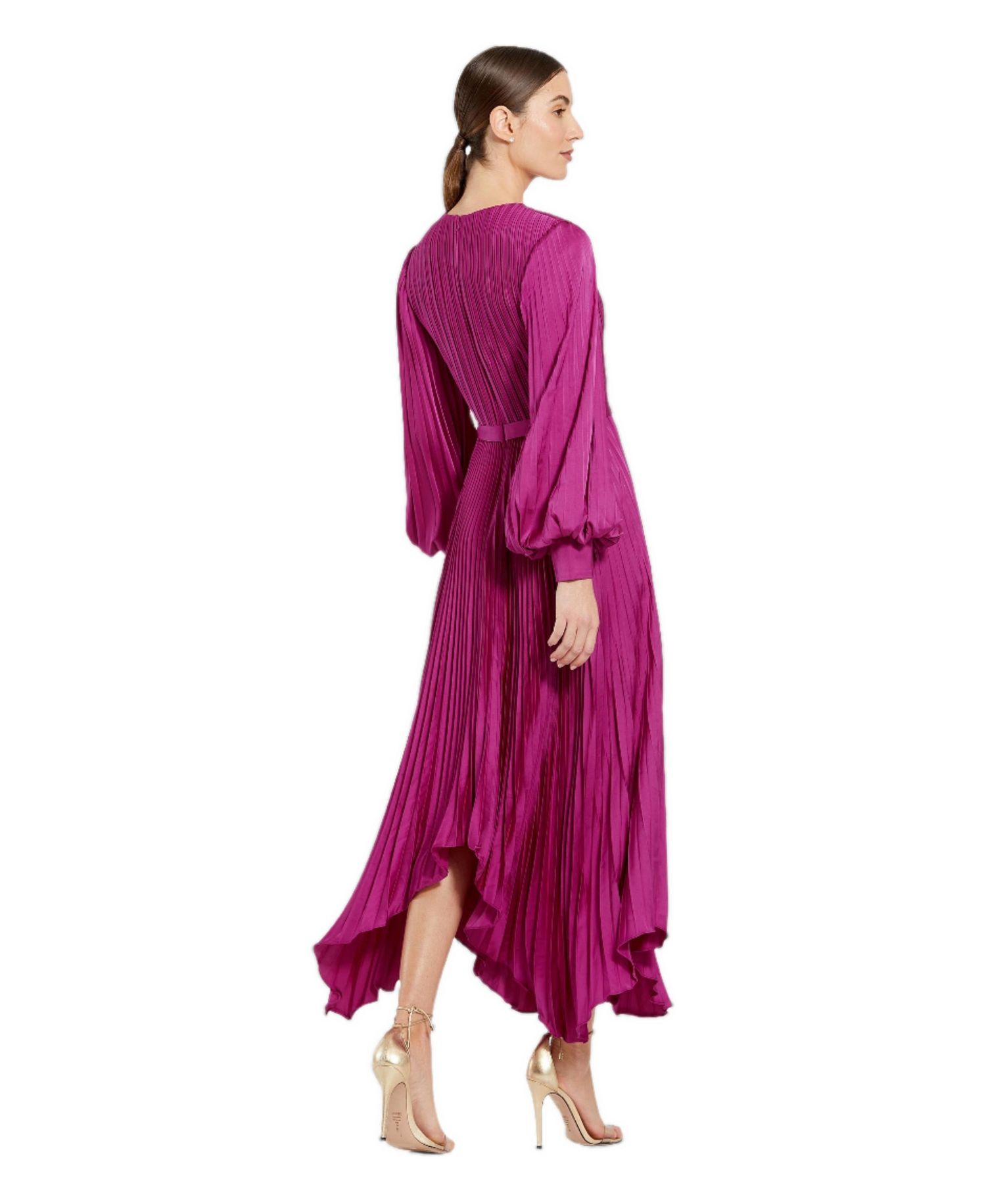 Women's Long Sleeve Pleated Charmeuse Handkerchief Midi Dress