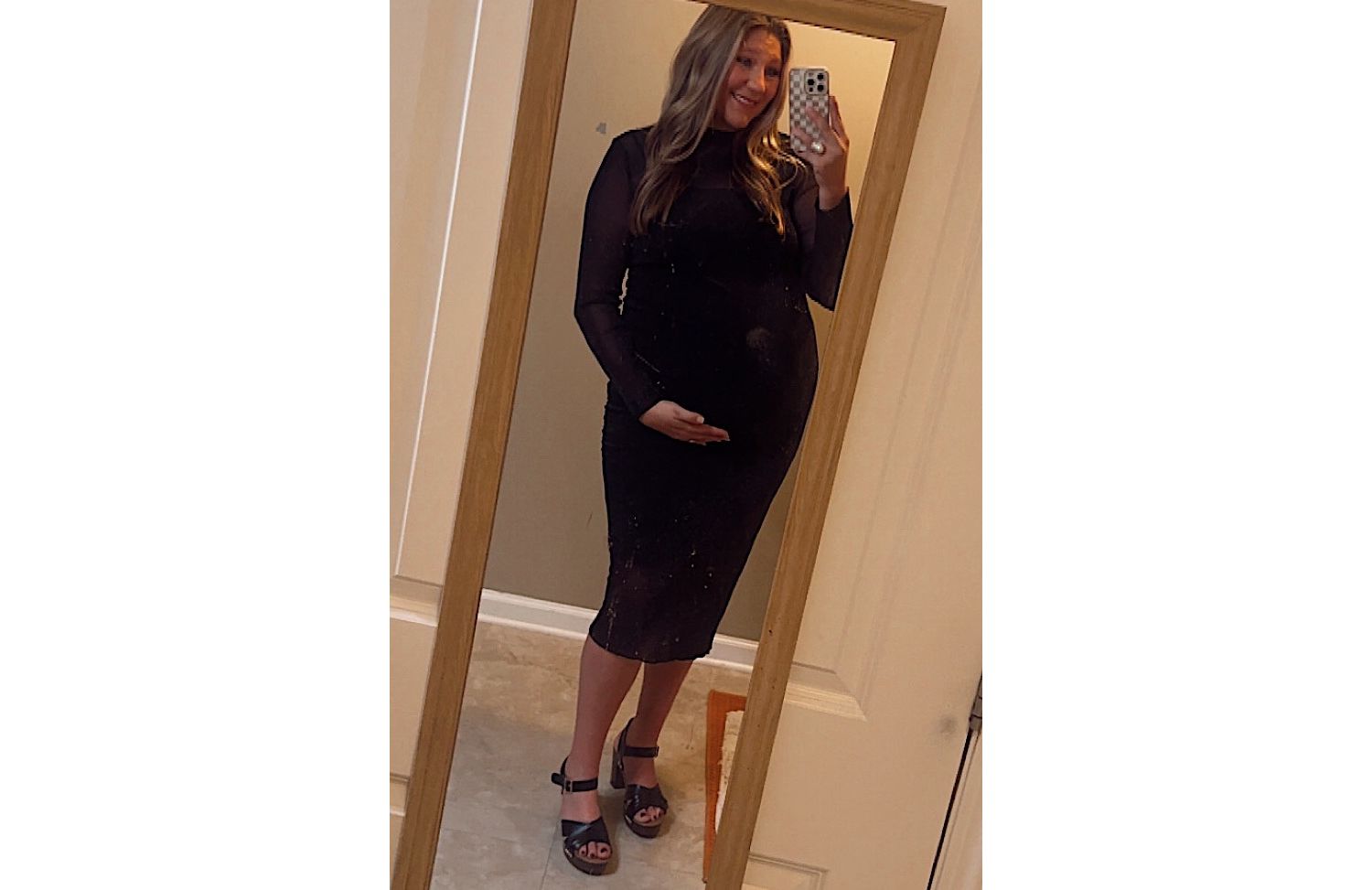 Women's Brown Shimmer Mesh Long Sleeve Ruched Midi Dress