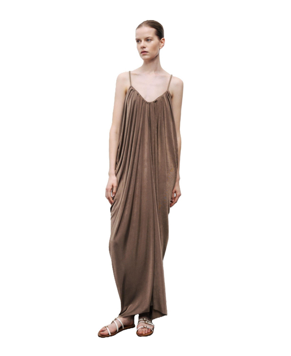 Women's Draped Detailed Flowy Maxi Dress - Rust/copper