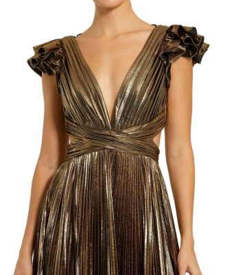 Women's Ruffle Sleeve Cutout Pleated Metallic Gown