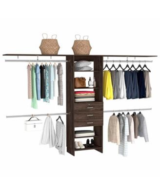Zamora Adjustable Closet System 69 to 118 Inch with Four Hanging Rods Three Drawers and Five Shelves