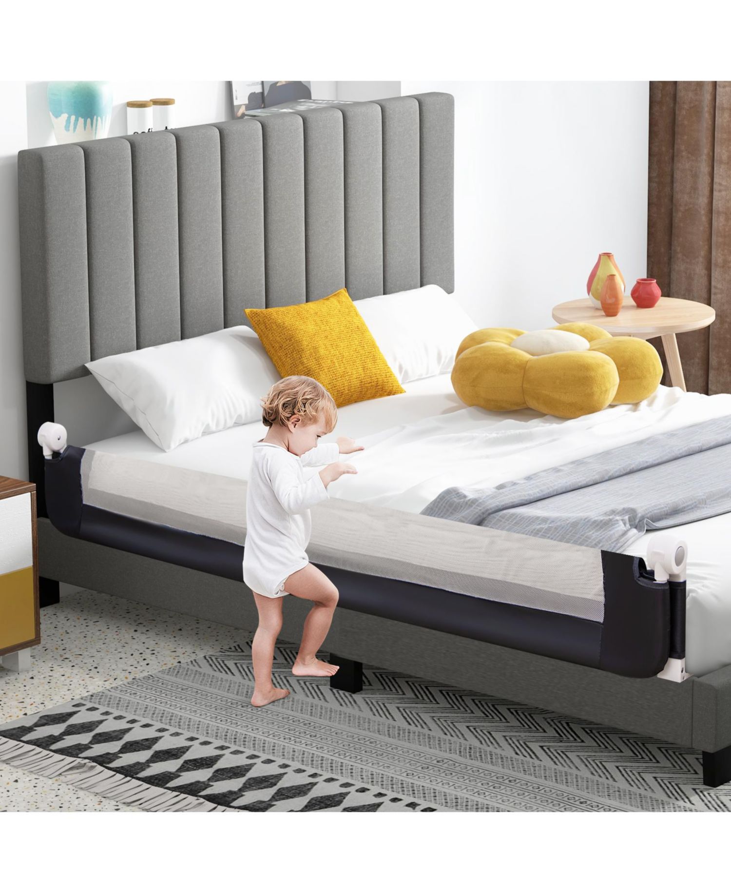 Kids Swing-Down Foldable Bed Rail Guard with Safety Strap Adjustable