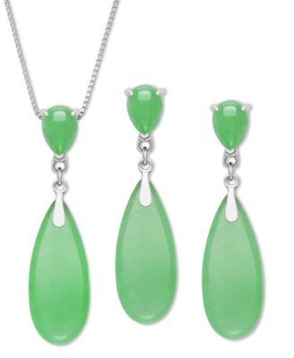 2-Pc. Set Dyed Green Jade Elongated Pear Pendant Necklace & Matching Drop Earrings in Sterling Silver