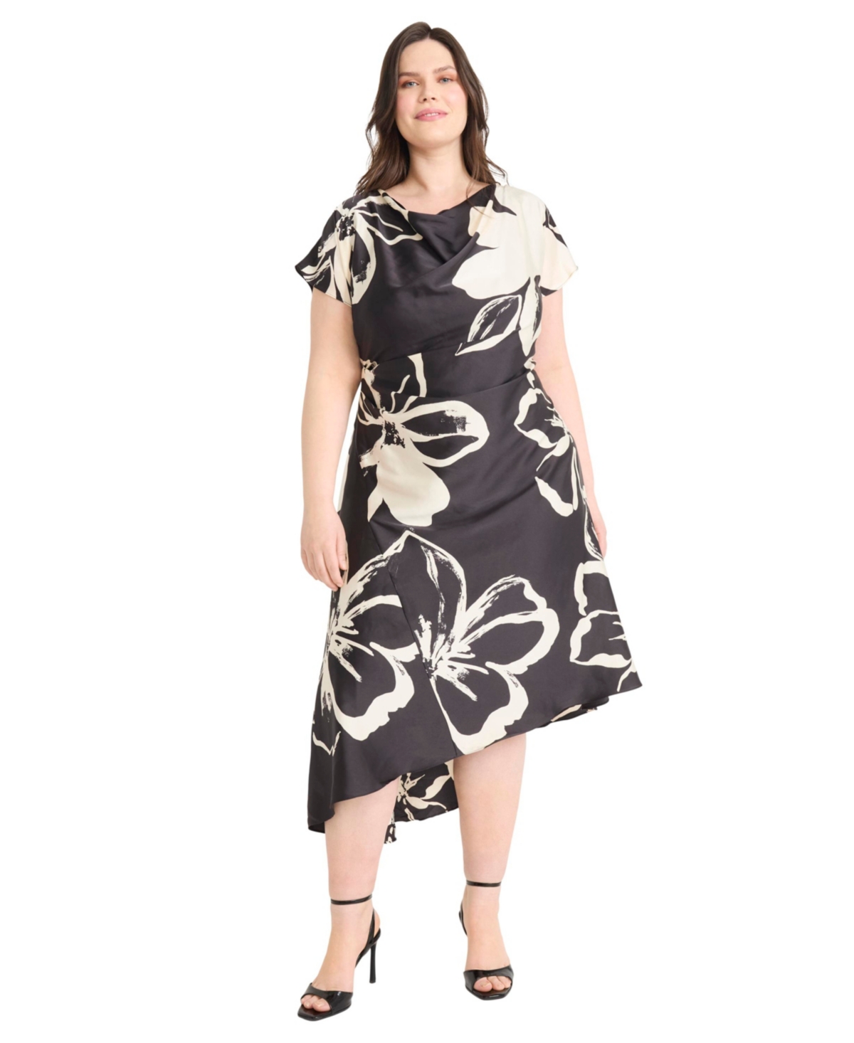 Plus Size Short-Sleeve A-Line Dress - Black, Cream
