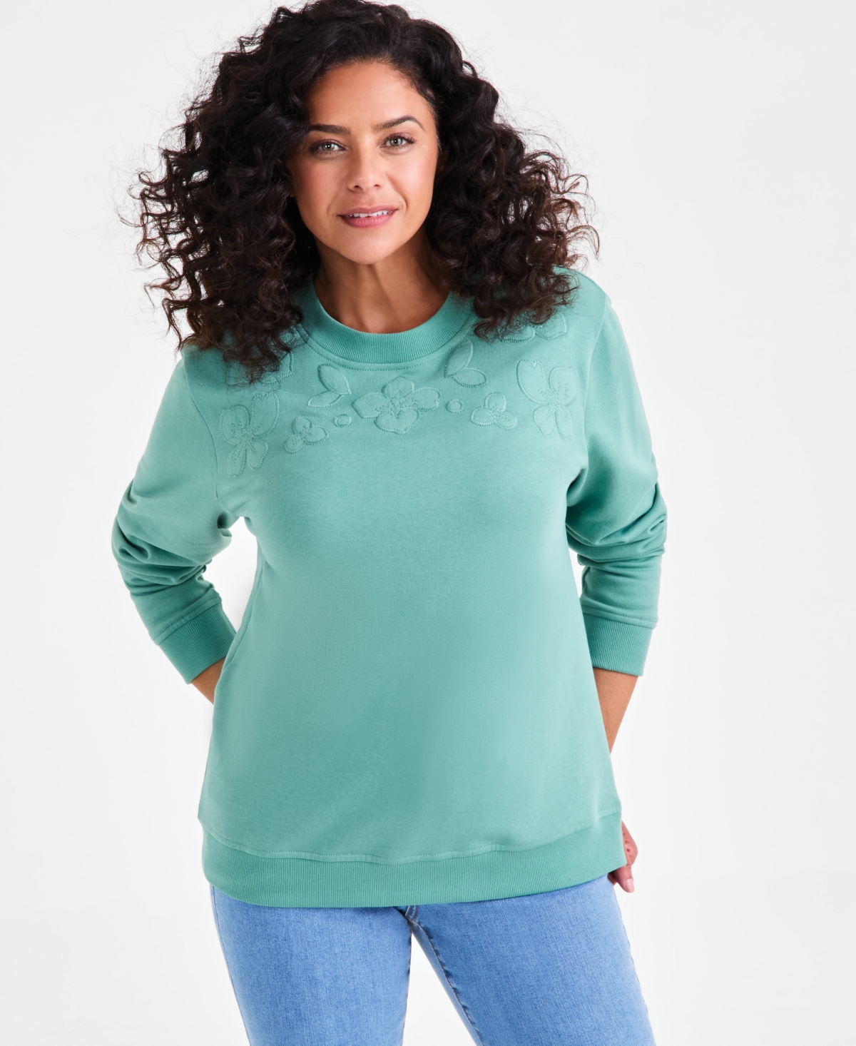 Style & Co Women's Embroidered Sweatshirt, Exclusively At Macy's In Green