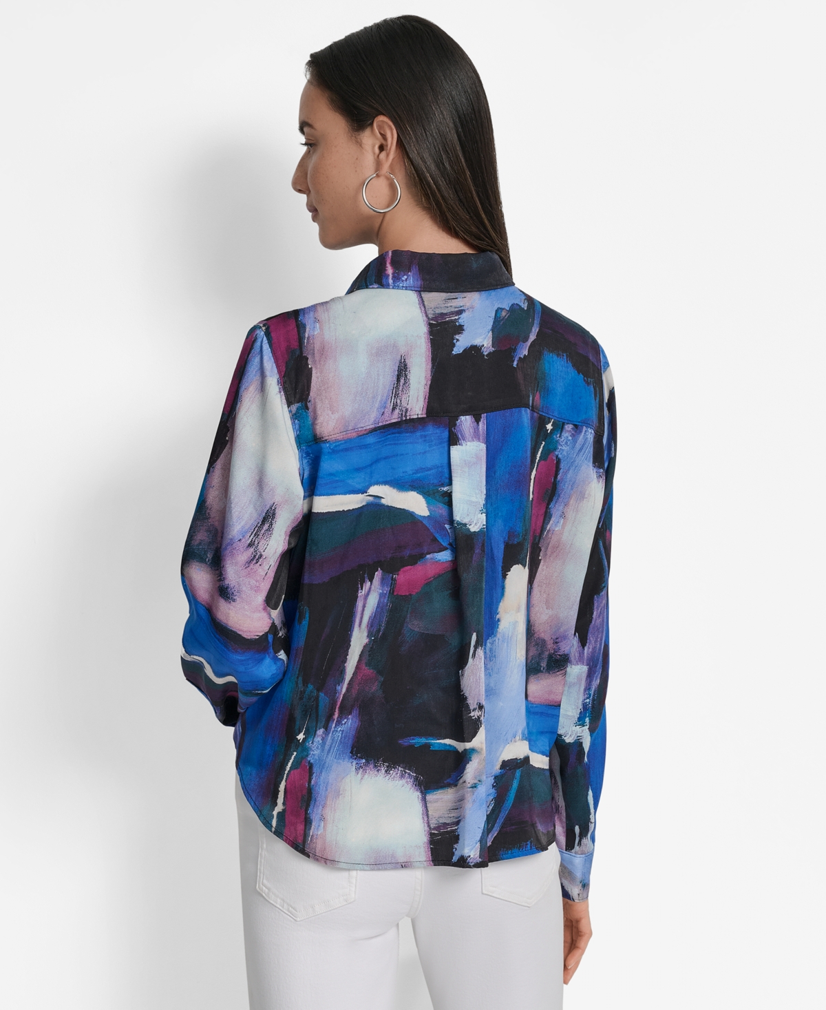 Dkny Printed Satin Button-up Shirt In Blue
