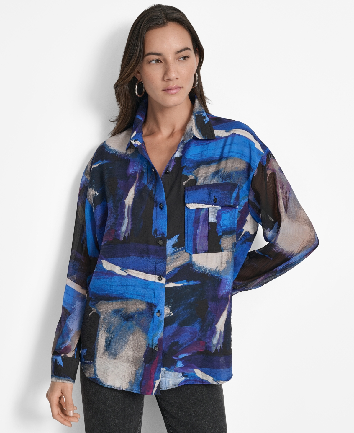 Dkny Women's Printed Voile Button-front Shirt