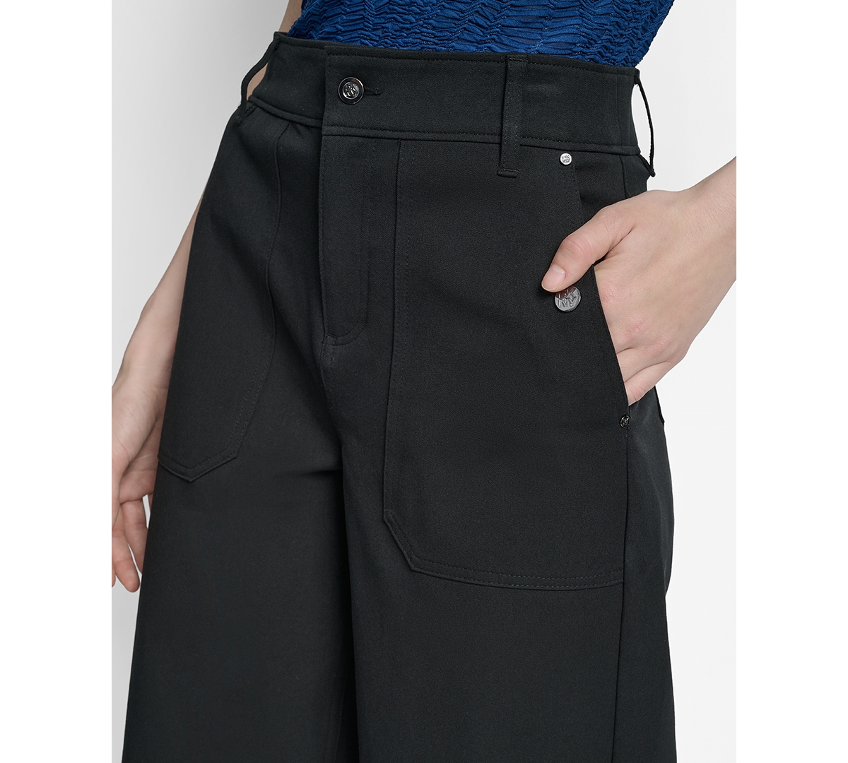 Dkny Button Pocket Crop Wide Leg Pants In Black