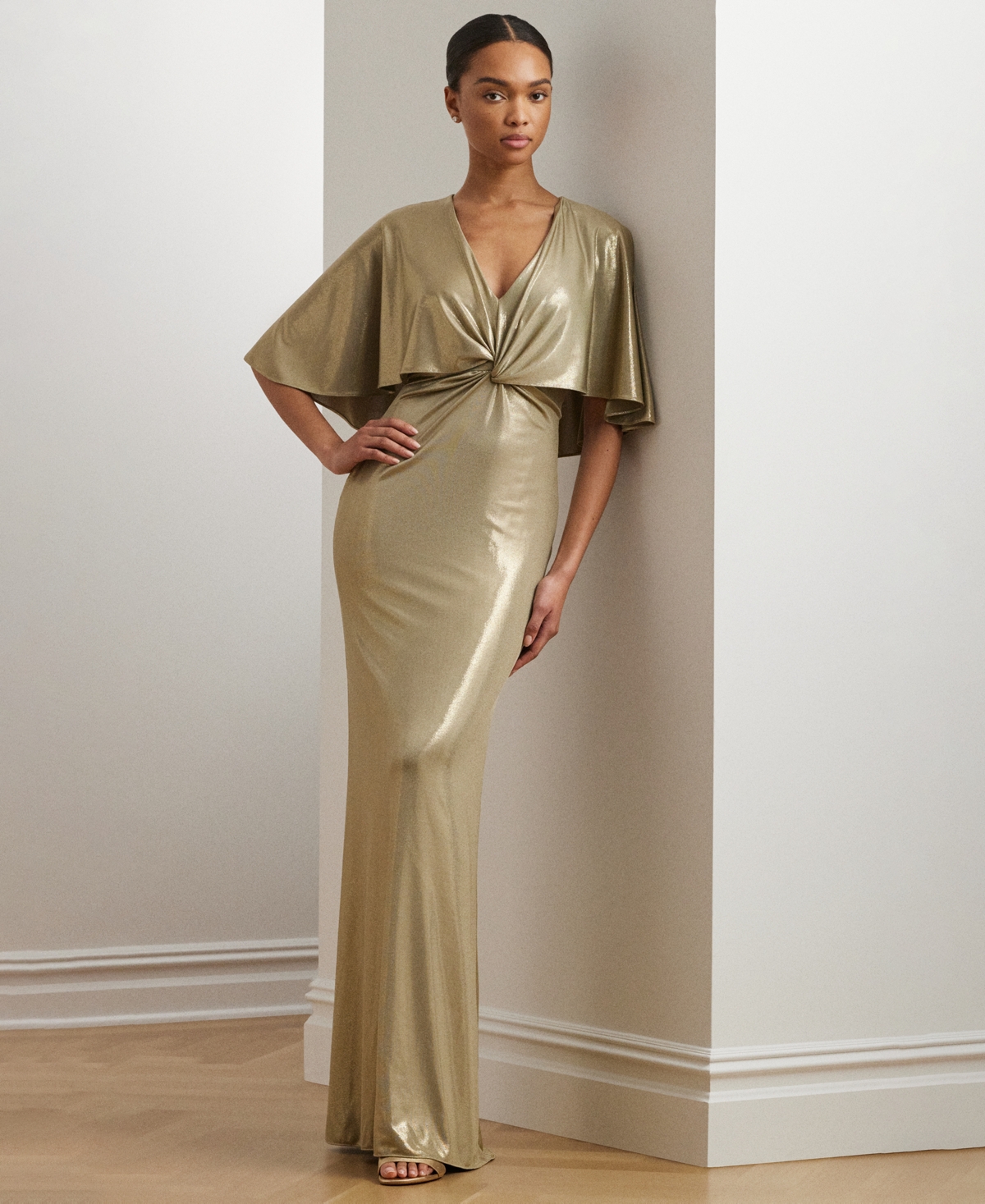 Ralph Lauren Women's Metallic Jersey Twist-front Cape Gown