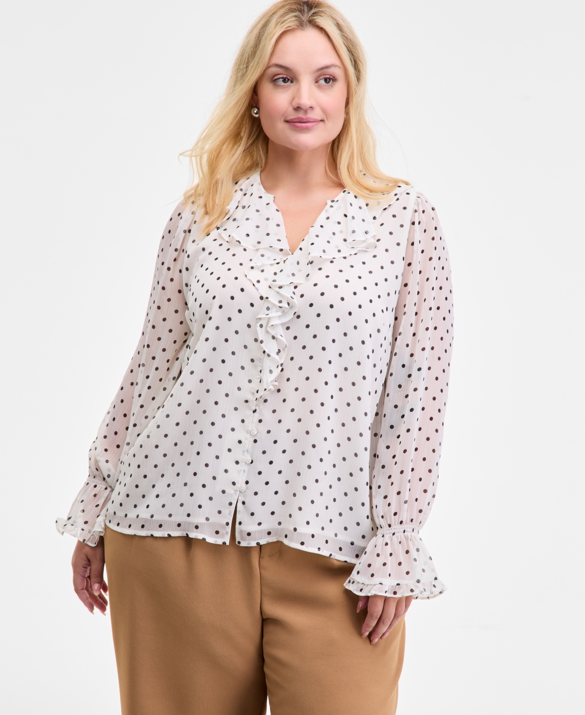 On 34th Trendy Plus Dot Print Long Sleeve Blouse Pleat Front Wide Leg Pants Macys Exclusive In White