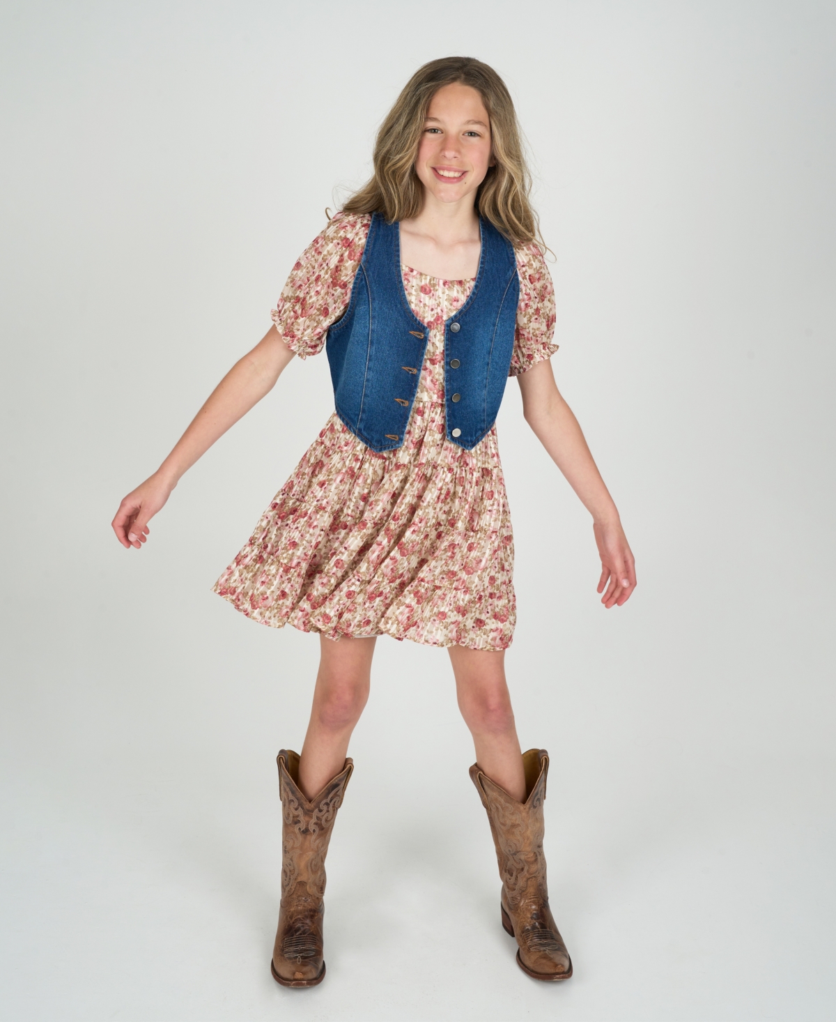 Rare Editions Big Girls 2-piece Lurex Chiffon With Denim Vest And Dress Set In Brown