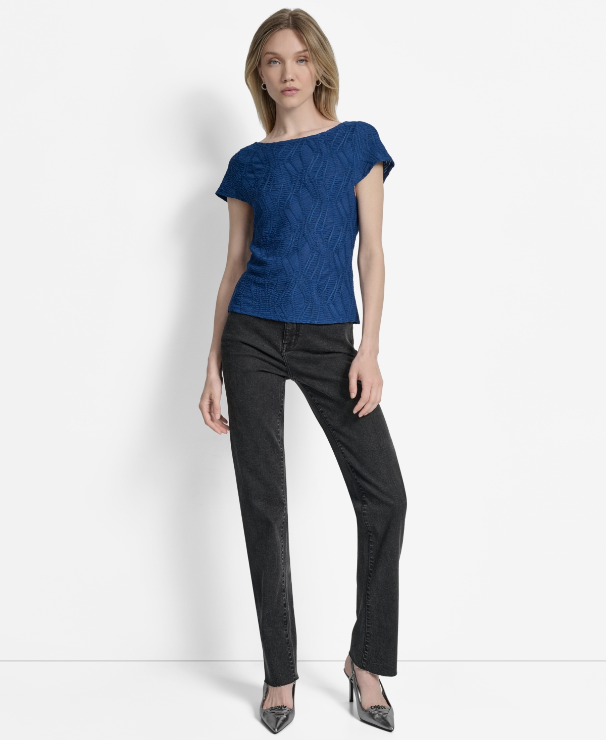 Dkny Texture Knit Top In Blue