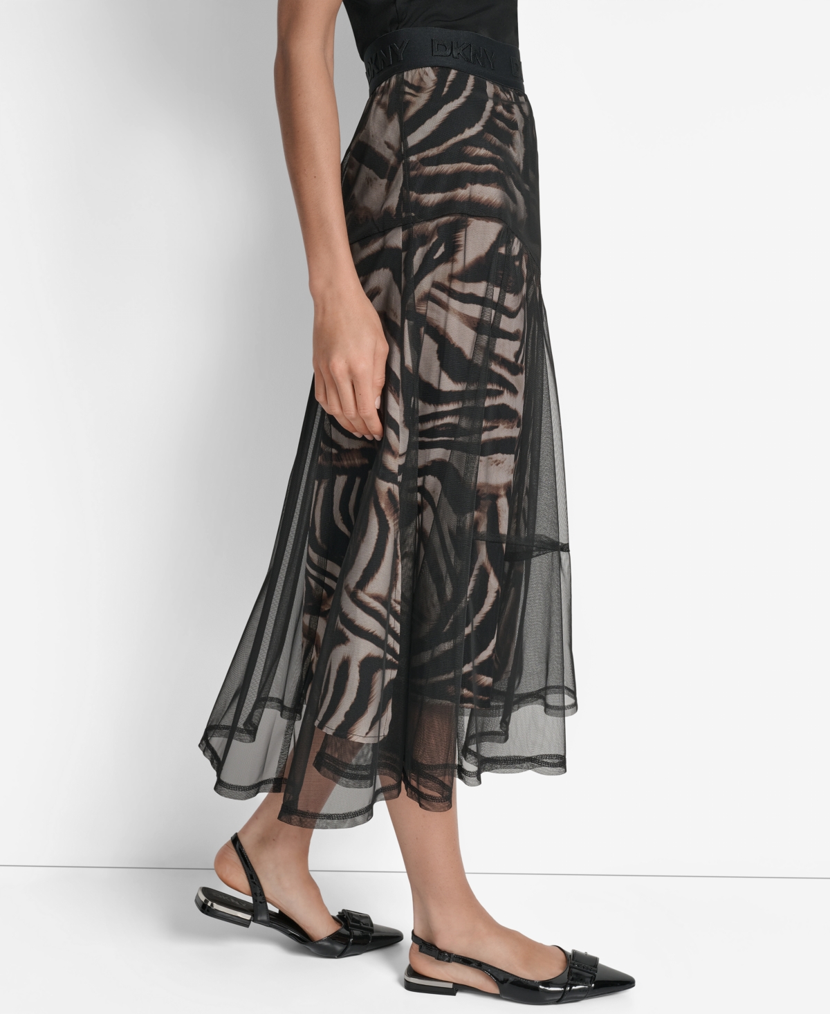 Dkny Zebra Stripe Layered Mesh A-line Skirt In Black