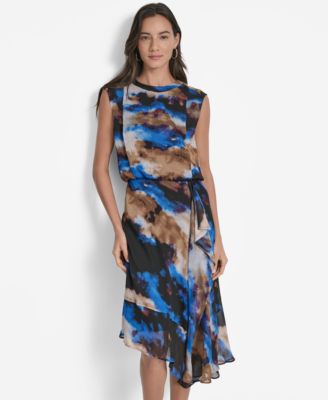 DKNY - Women's Printed Blouson Asymmetric-Hem Dress