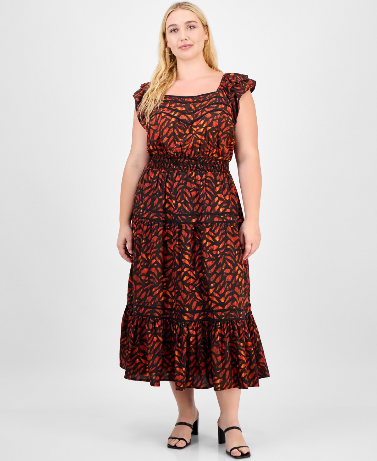 Democracy Trendy Plus Flutter-sleeve Tiered Midi Dress