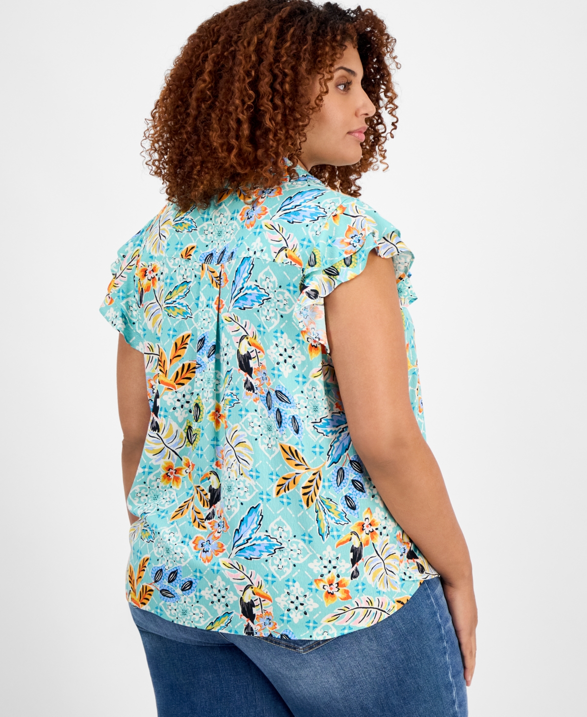 Democracy Trendy Plus Size Printed Flutter-sleeve Top In Blue